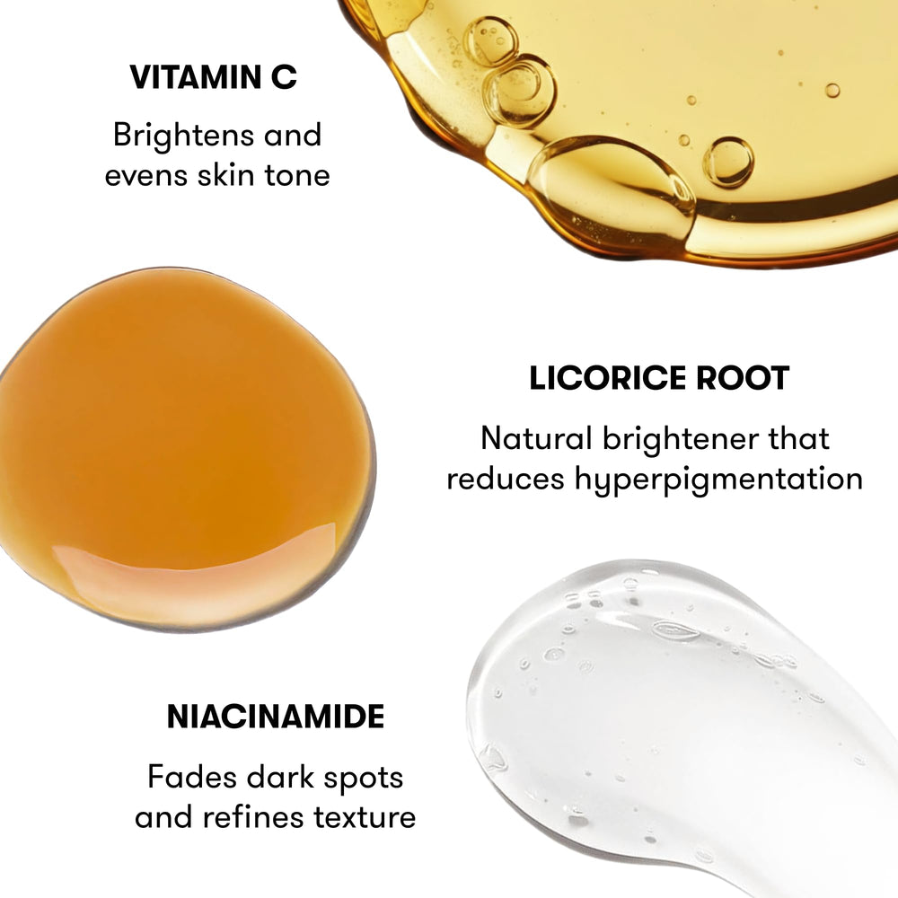 Epielle ingredients lineup with vitamin C, niacinamide, licorice root for even tone