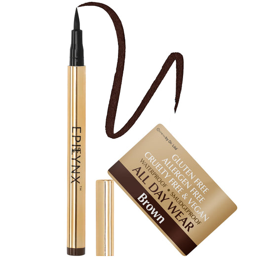 EPILYNX Liquid Eyeliner with fine brush tip enables precise winged lines.