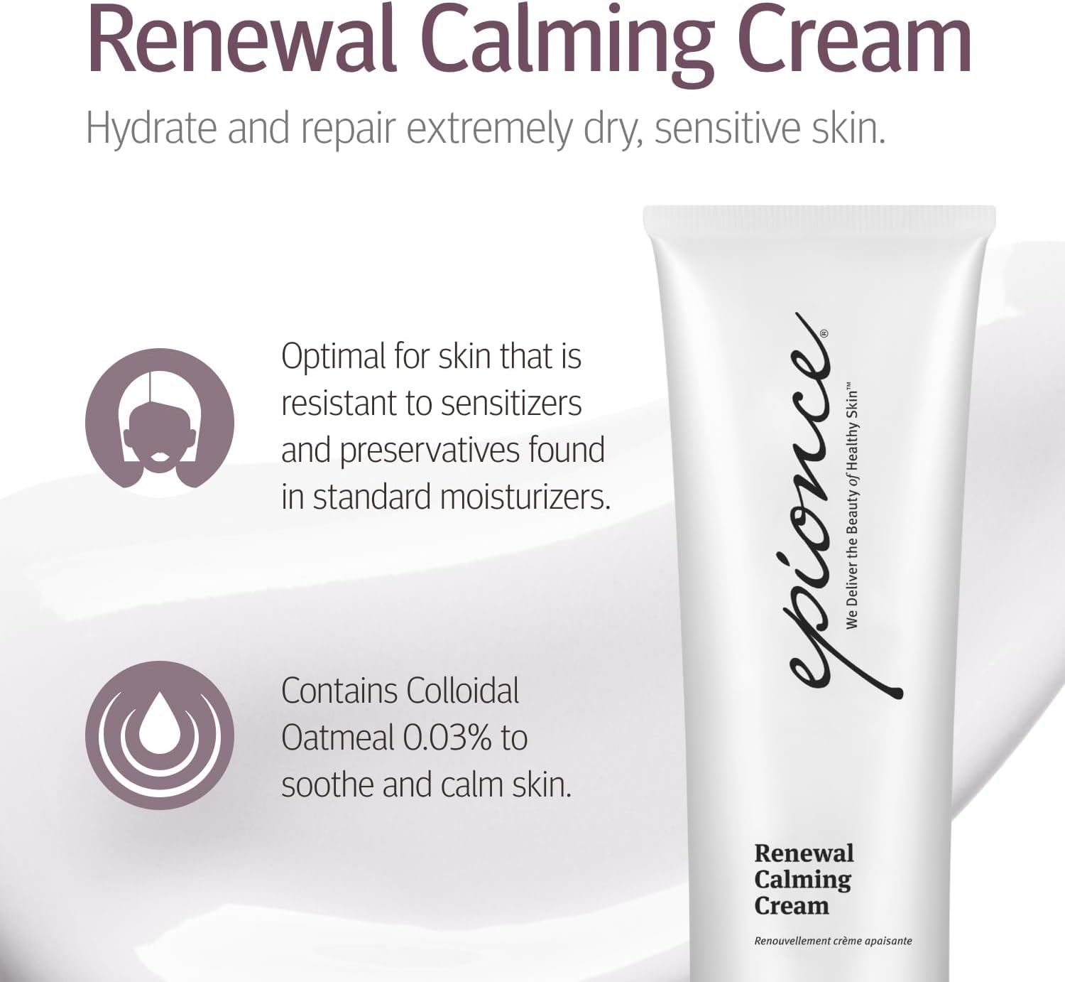 Epionce Renewal Calming Cream jar-open shows creamy texture for soothing use.