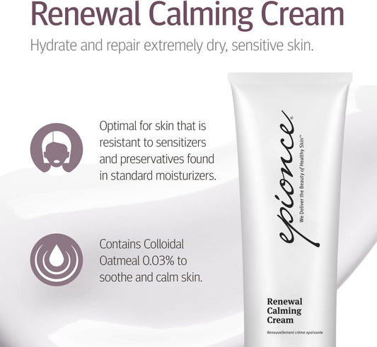 Epionce Renewal Calming Cream jar-open shows creamy texture for soothing use.