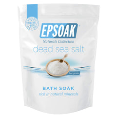Epsoak Dead Sea Salt 2lb bag enhances bath time with mineral-rich crystals.