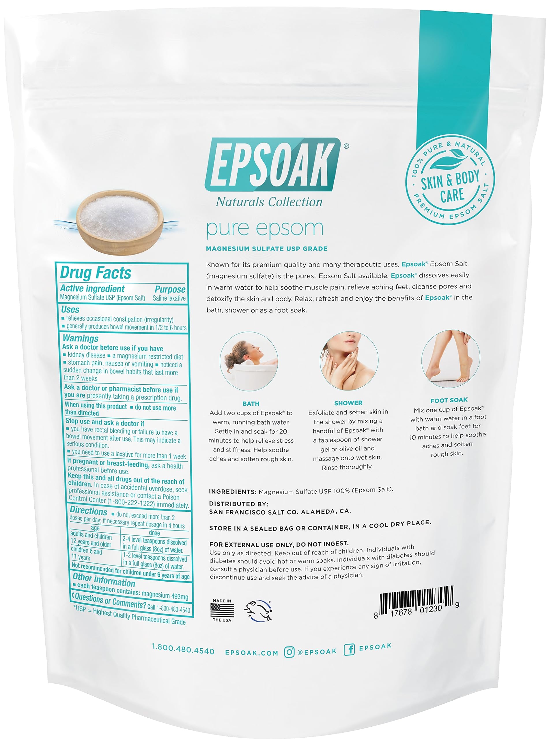 Epsoak salt nourishes hair and cleanses skin when used in showers.