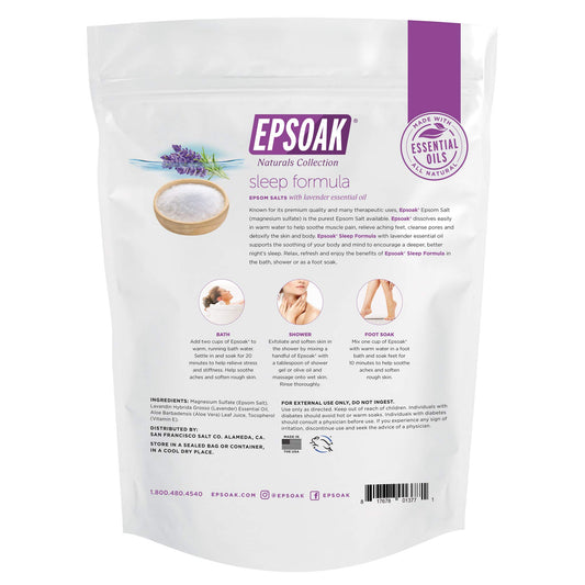 Epsoak Lavender Sleep Formula bath salt in resealable bag for easy storage.