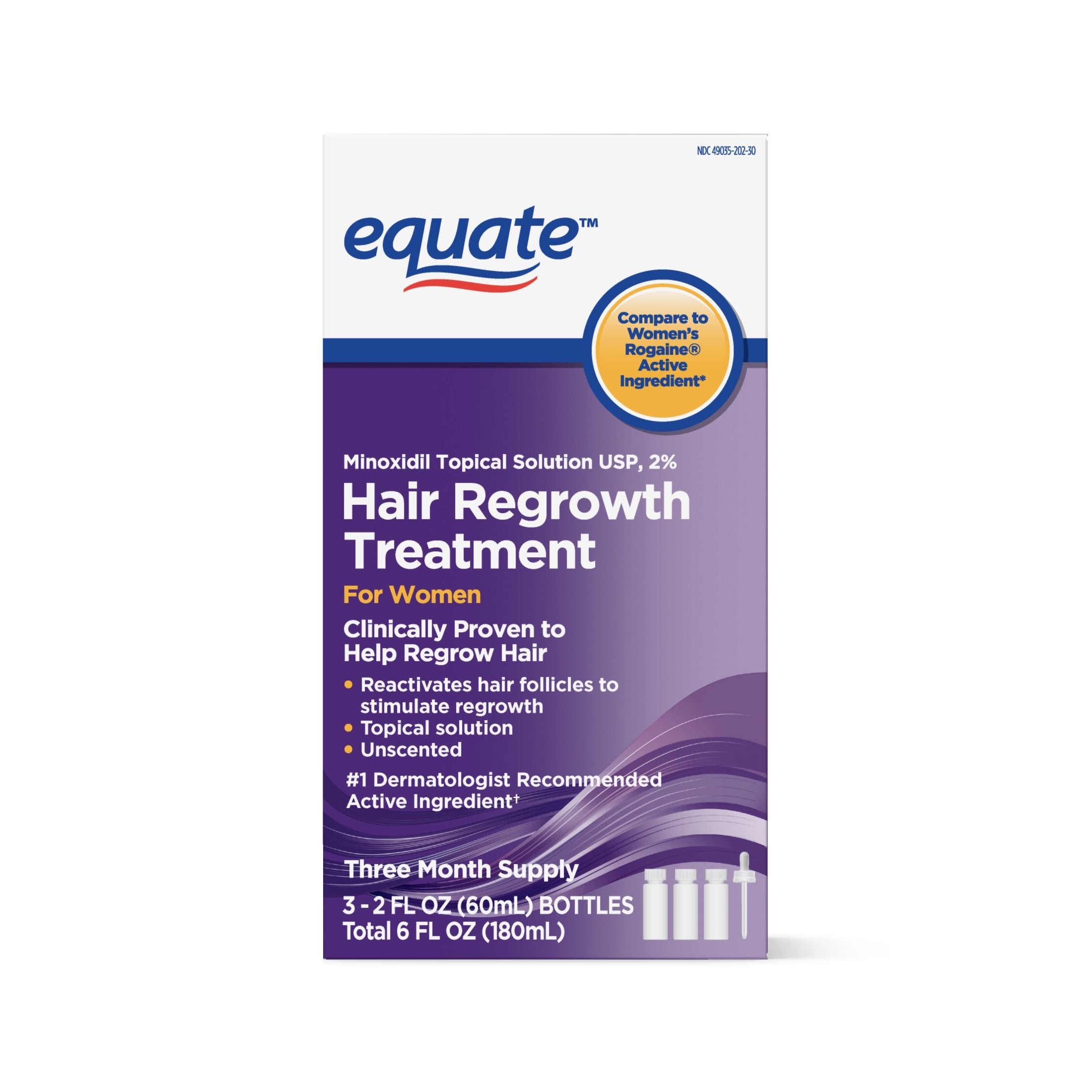 Equate Hair Regrowth Treatment bottle front view shows a portable option for daily home use