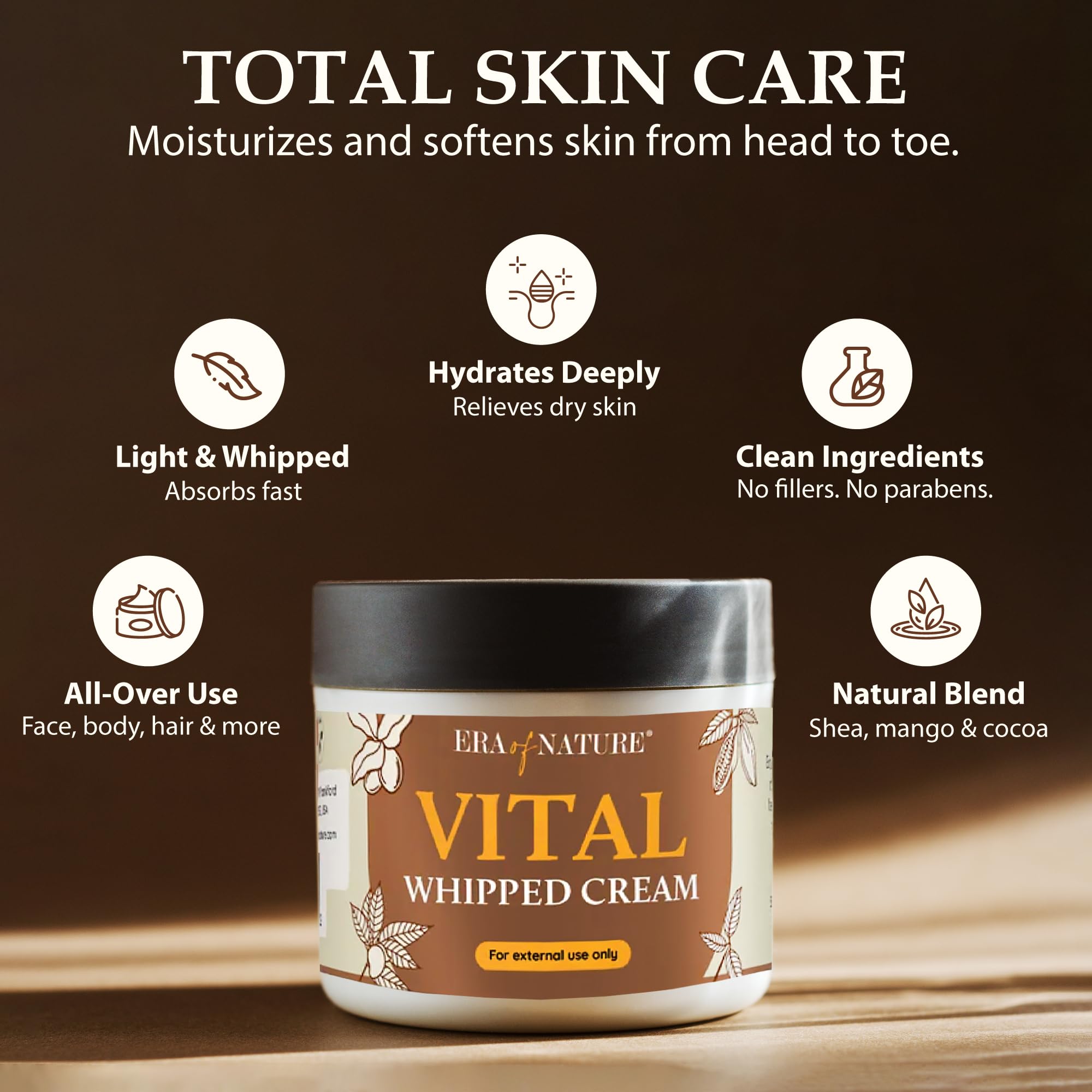 Era of Nature mango cocoa butter cream being applied to skin for instant hydration.