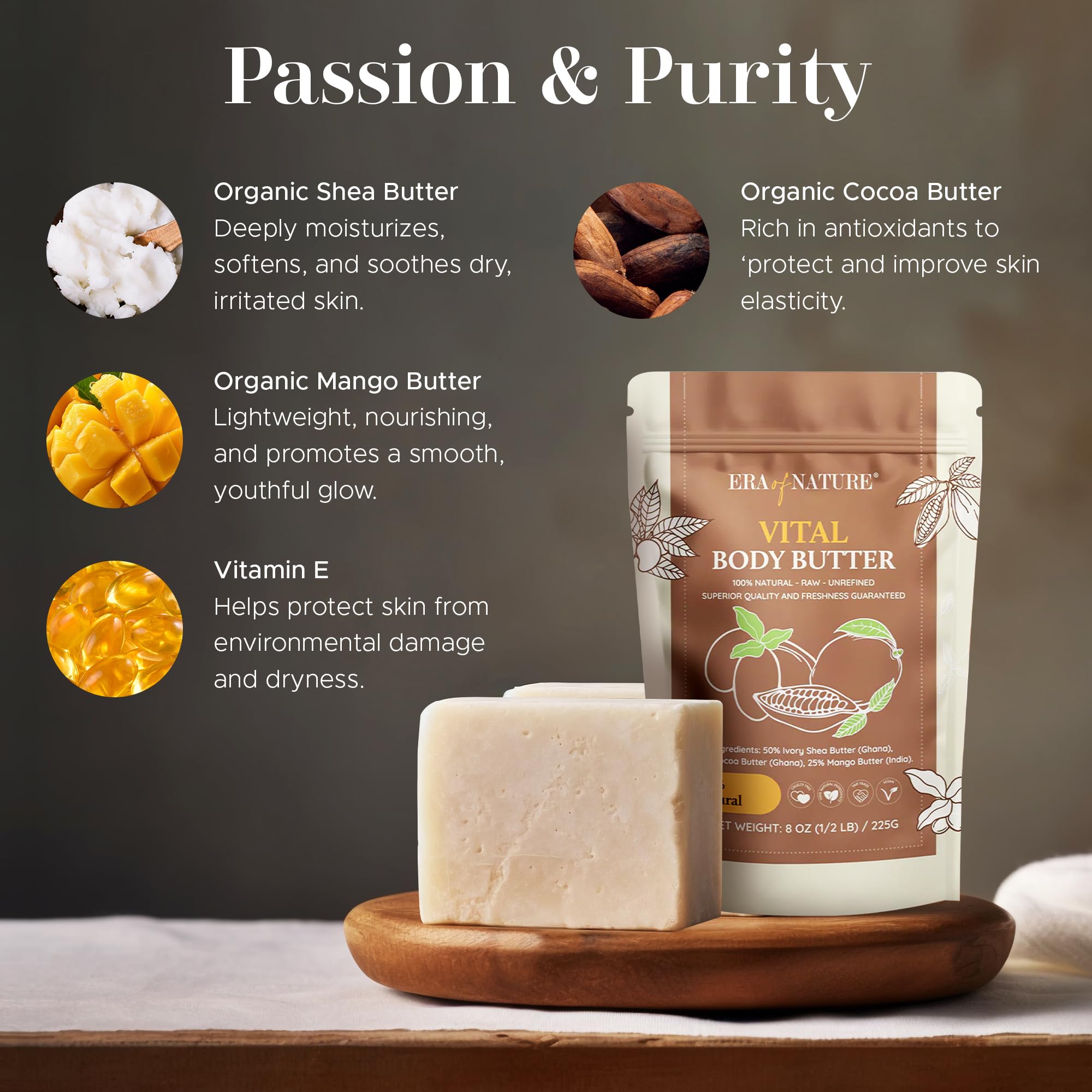 Era of Nature Organic ingredients image shows shea, mango, cocoa for nourishing blends.