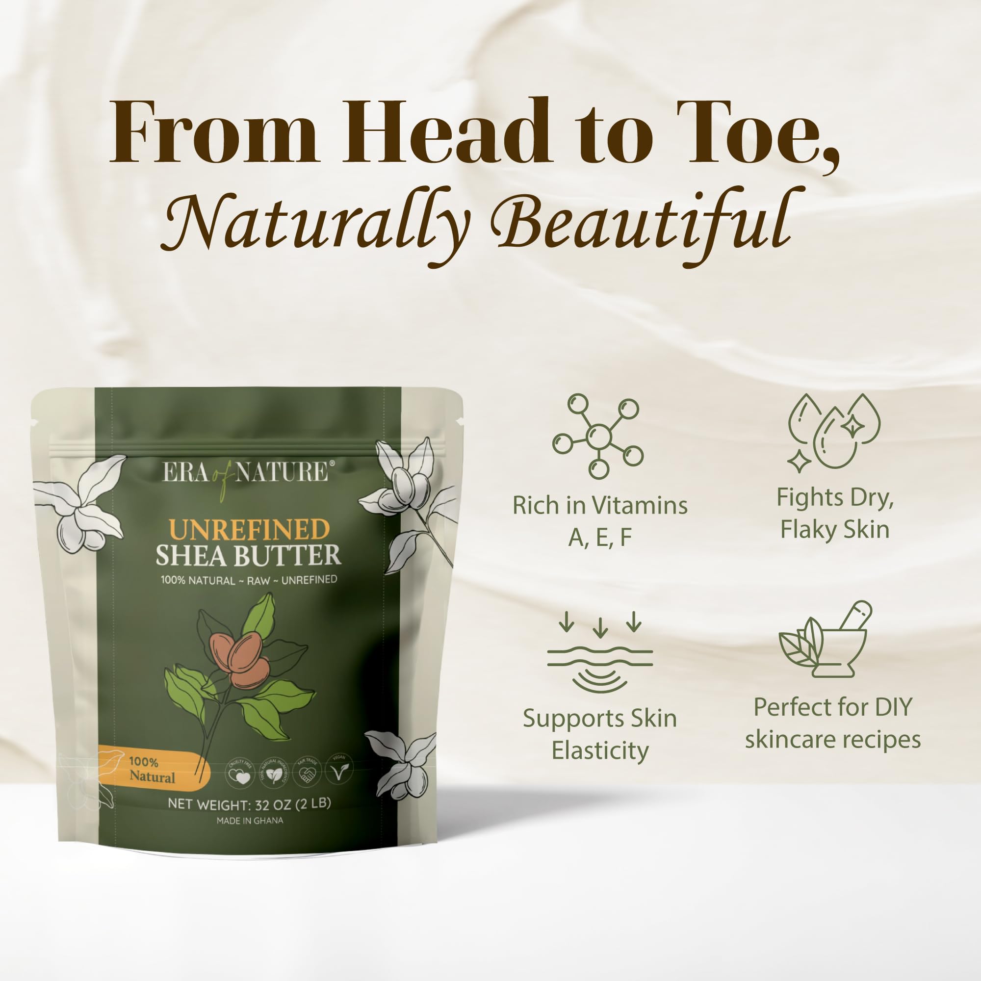 Close-up of Era of Nature raw shea butter texture, creamy and rich.