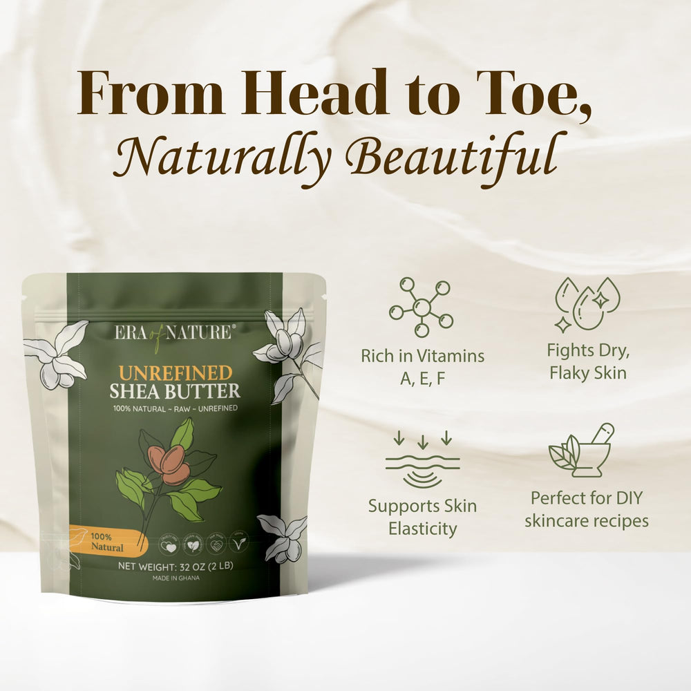 Close-up of Era of Nature raw shea butter texture, creamy and rich.