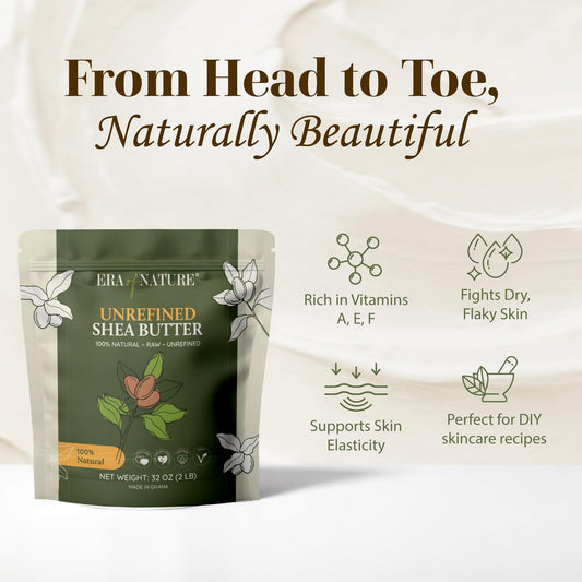 Close-up of Era of Nature raw shea butter texture, creamy and rich.