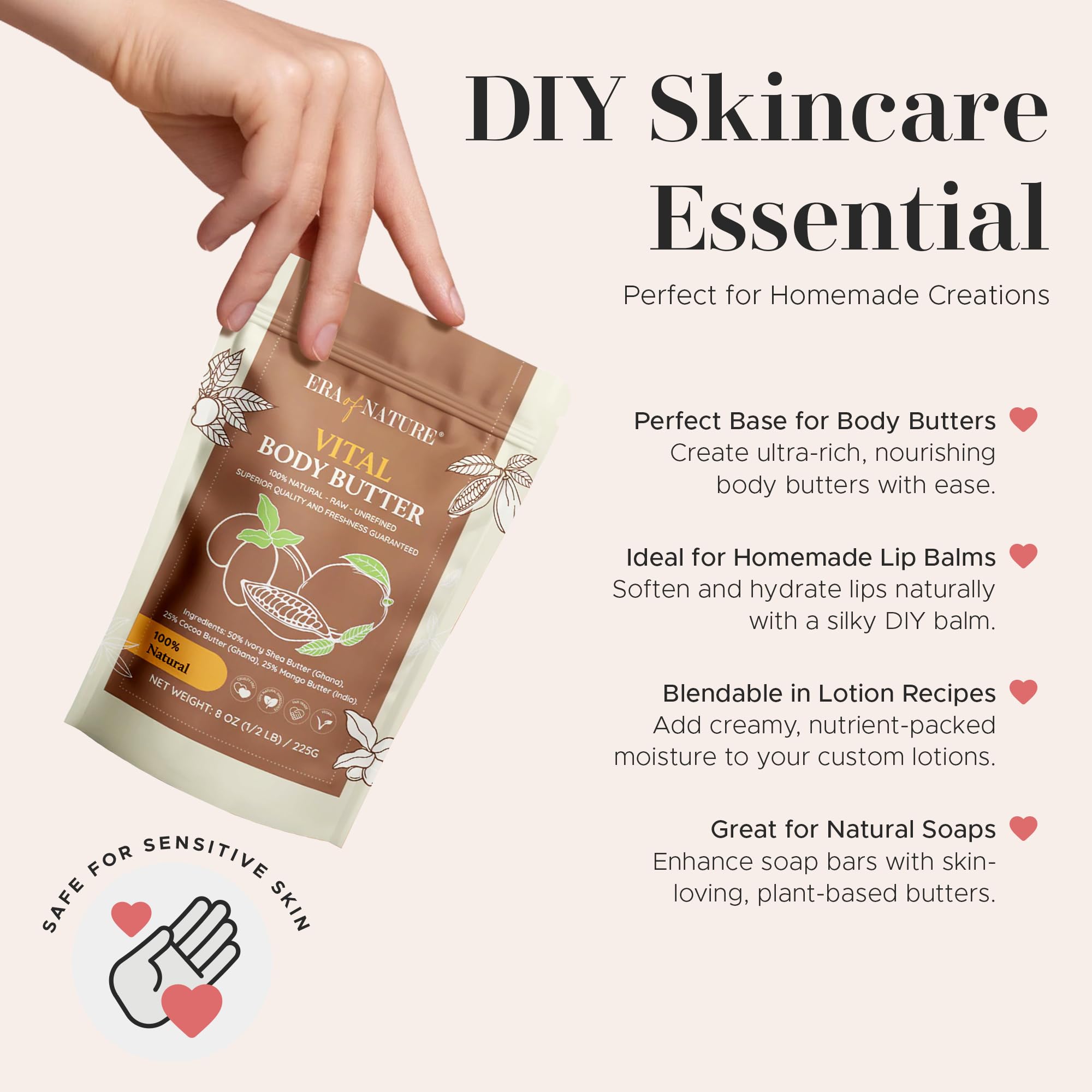 Era of Nature Raw texture close-up highlights natural richness for moisturizers and body butters.