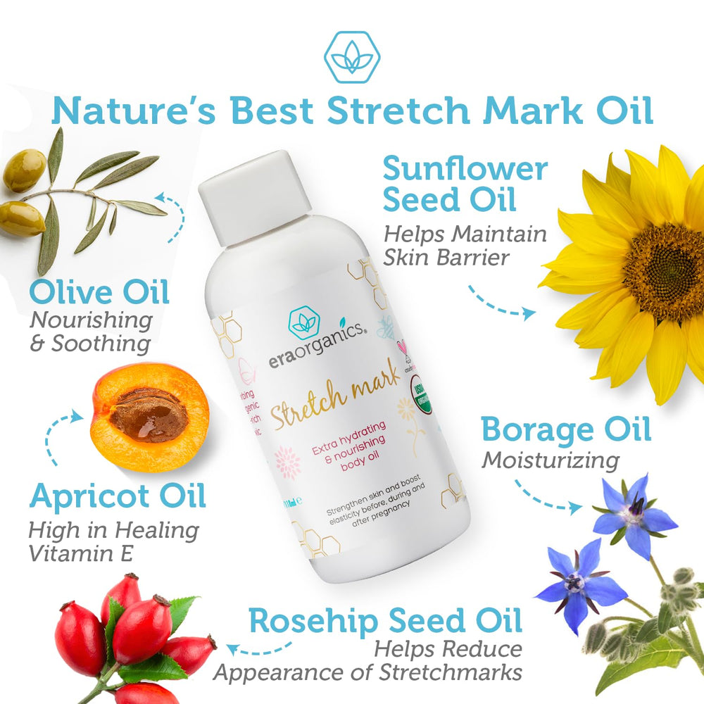 Era Organics belly oil being applied with gentle massage on the skin