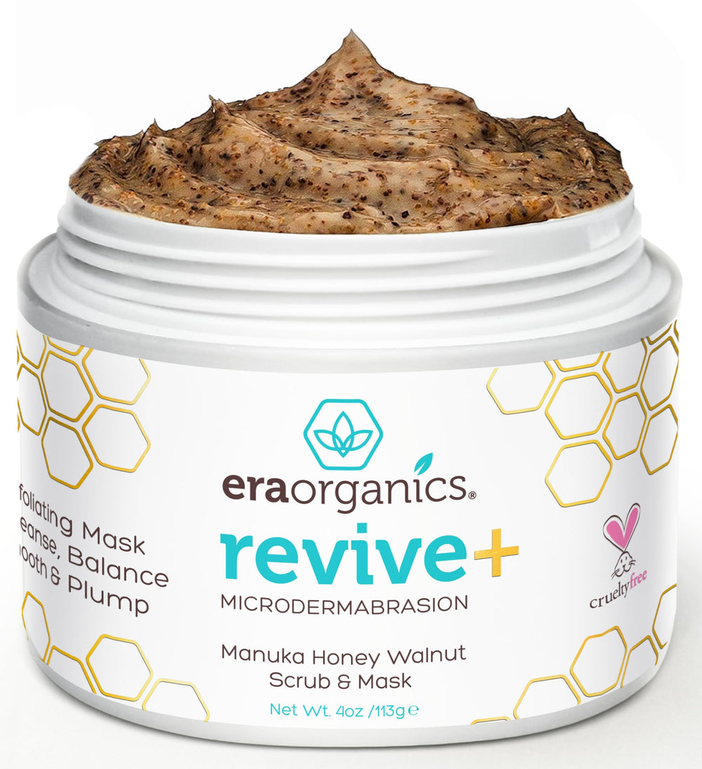 Era Organics Manuka Honey Exfoliating Scrub bottle demonstrates gentle polishing and glow