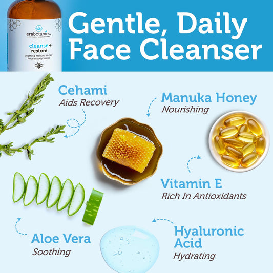 Era Organics Manuka Honey Face Wash bottle foam shows a rich, soothing lather.