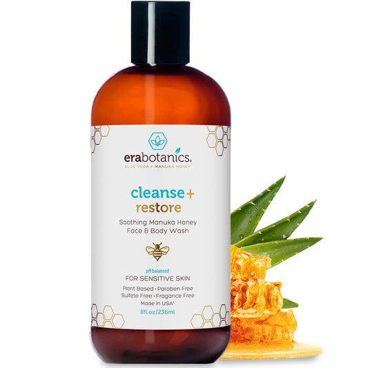 Era Organics Manuka Honey Face Wash bottle pour for gentle cleansing on sensitive skin.