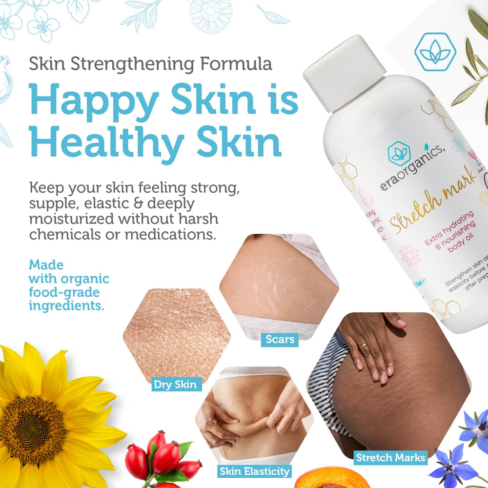 Era Organics natural scar care oil applied to dry skin for elasticity support