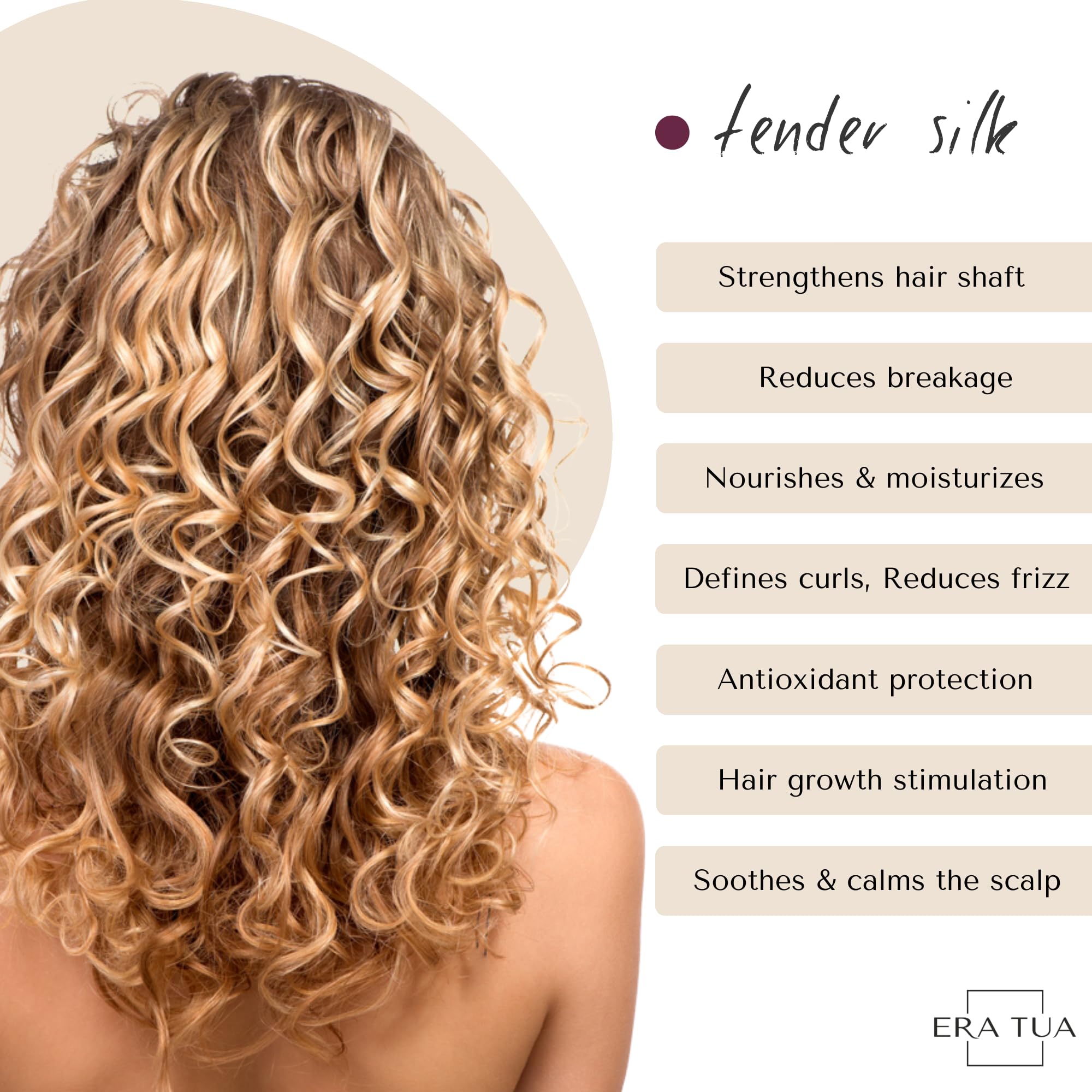 ERA TUA Tender Silk Bouncing Curls bottle close-up showing smooth texture and curl definition.