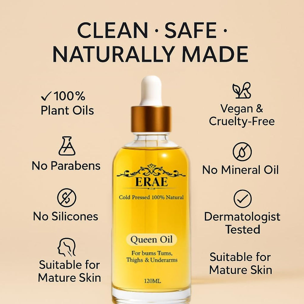 ERAE Queen Body Oil packaging close-up emphasizes premium quality