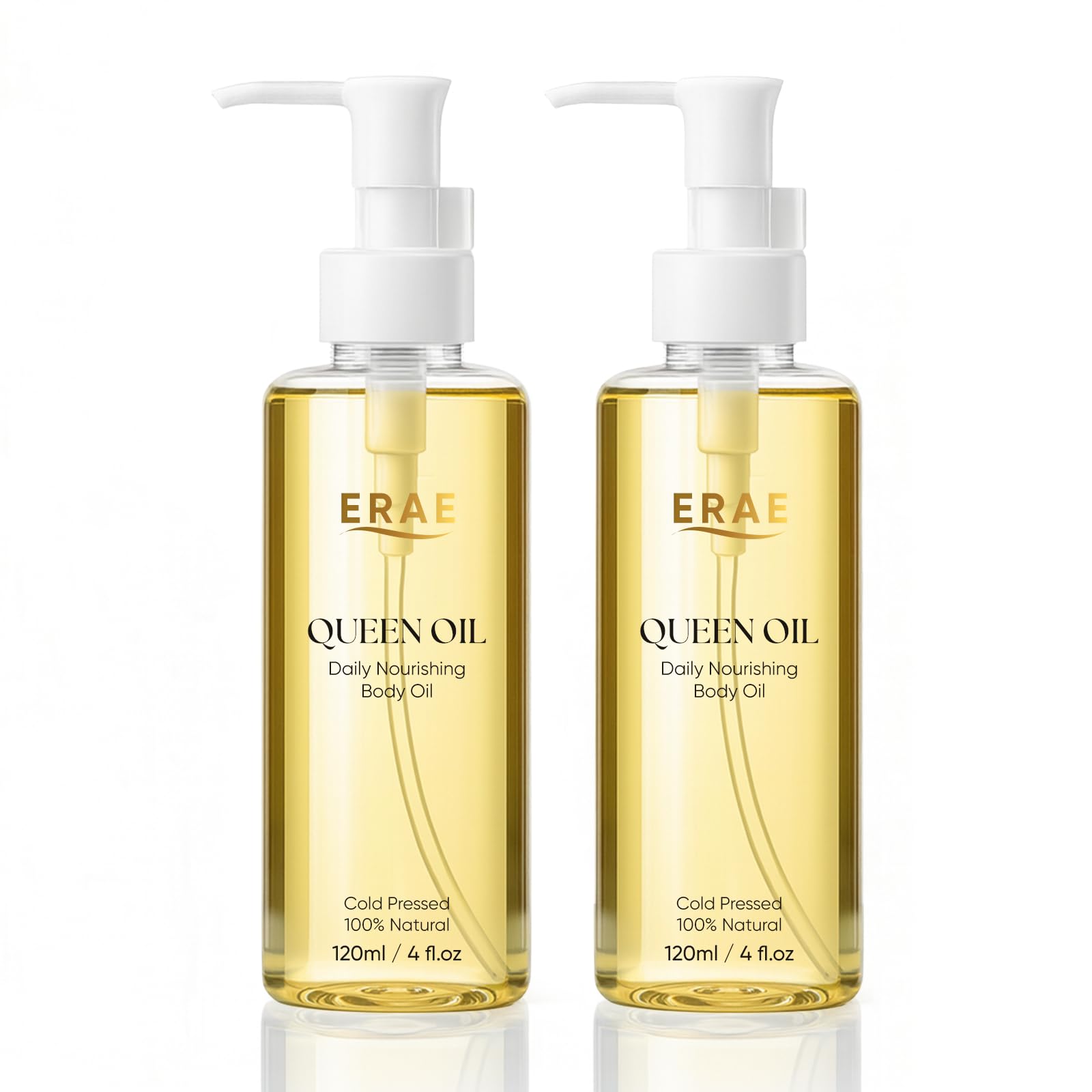 ERAE Queen Oil bottle close-up showing two-pack hydration for daily use.