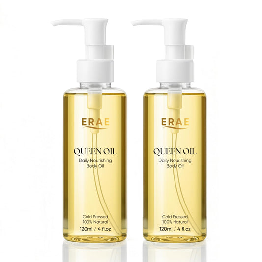 ERAE Queen Oil bottle close-up showing two-pack hydration for daily use.