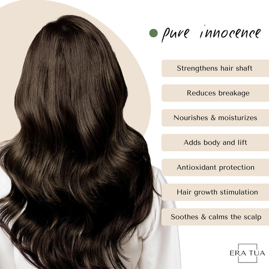 ERA TUA Pure Innocence Volume Shampoo bottle pour illustrating easy application