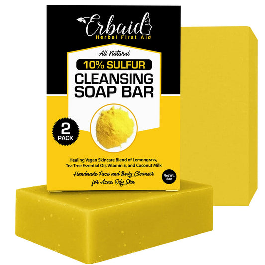 Erbaid 10% sulfur soap packaging highlights natural formula for clearer skin