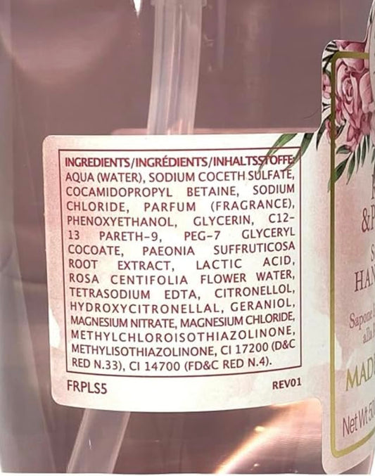 ERBARIO TOSCANO Rose and Peony hand wash pump close-up highlighting spa-like fragrance