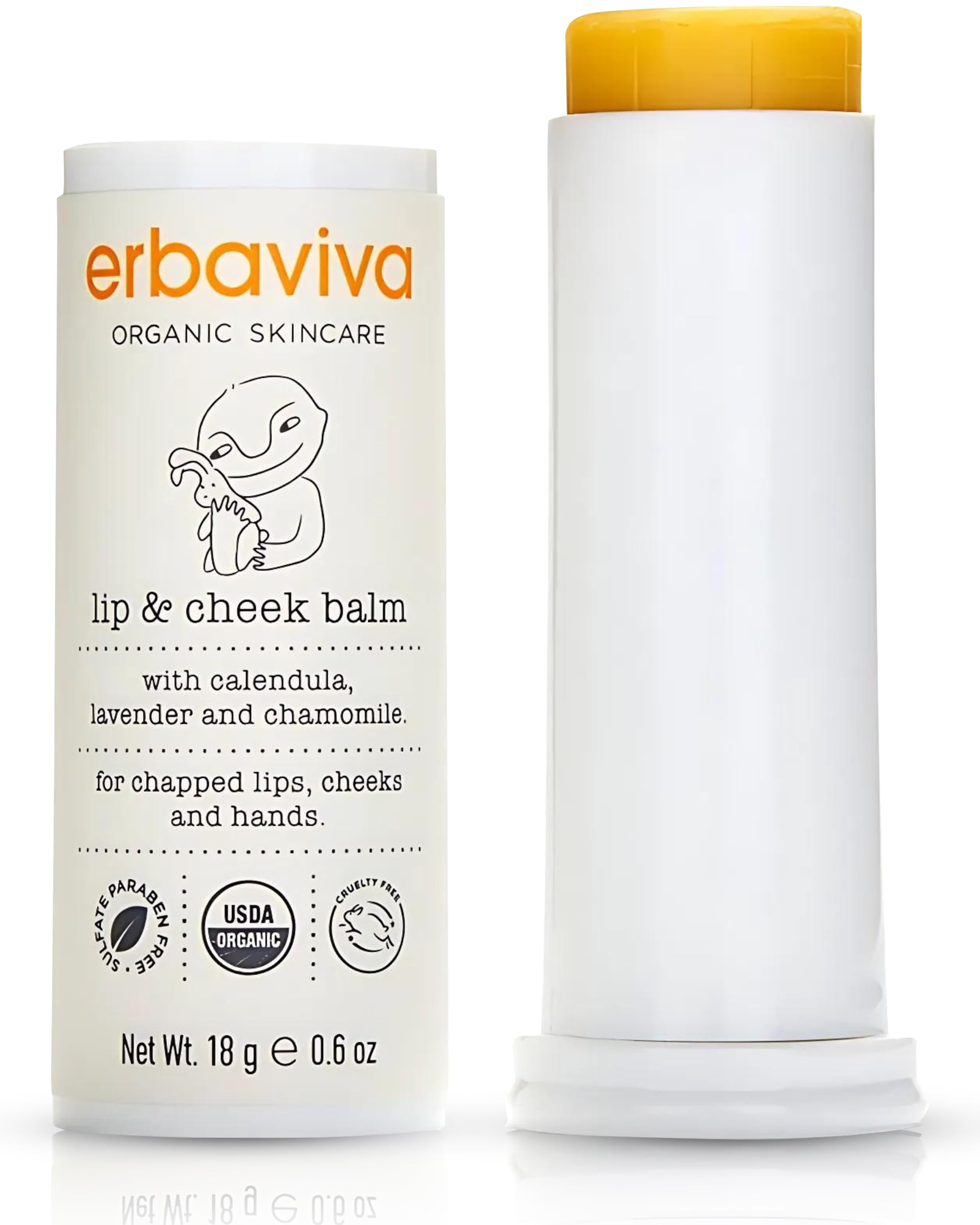Erbaviva Lip & Cheek Balm roll-stick for easy on-the-go moisture for lips and cheeks.