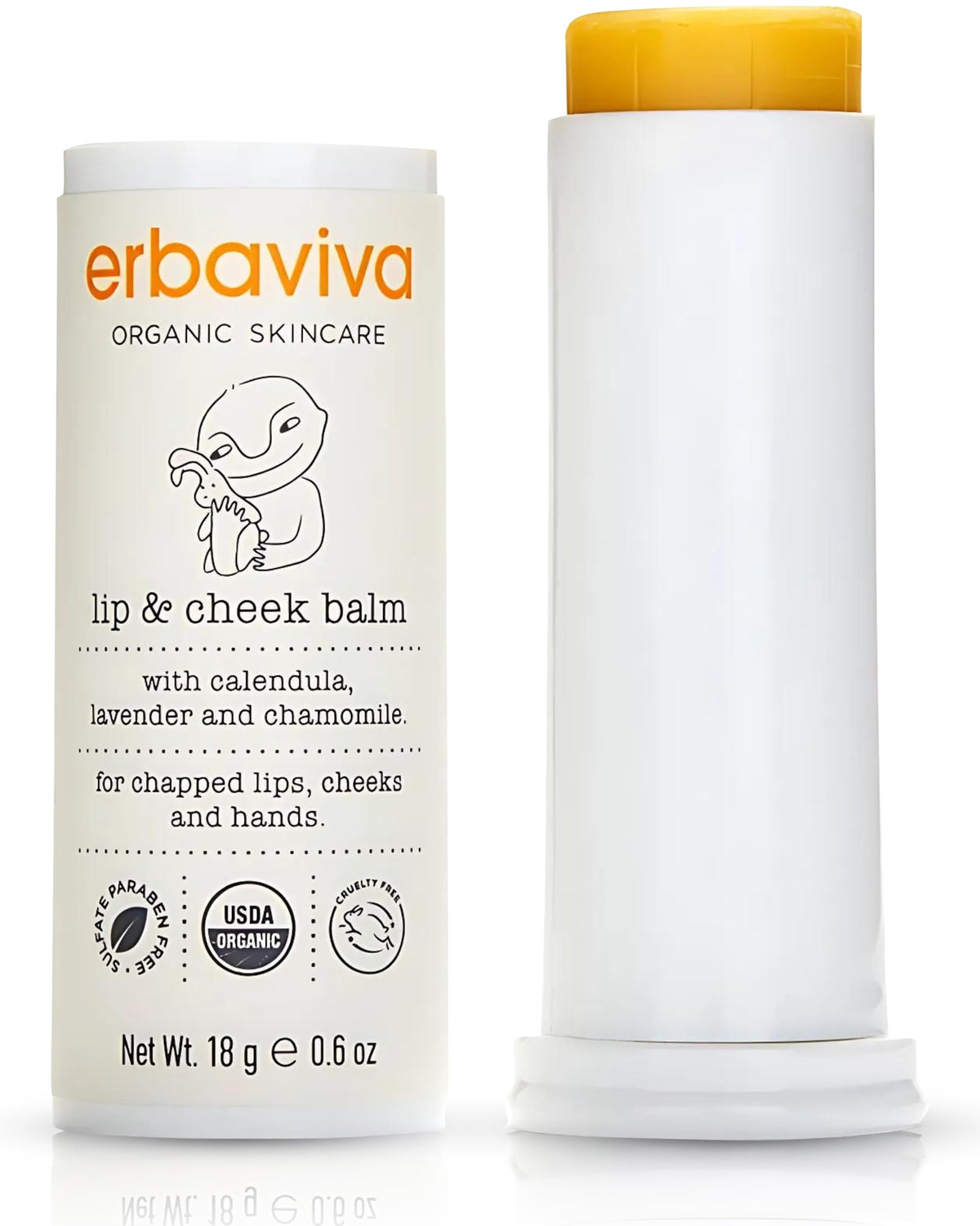 Erbaviva Lip & Cheek Balm roll-stick for easy on-the-go moisture for lips and cheeks.
