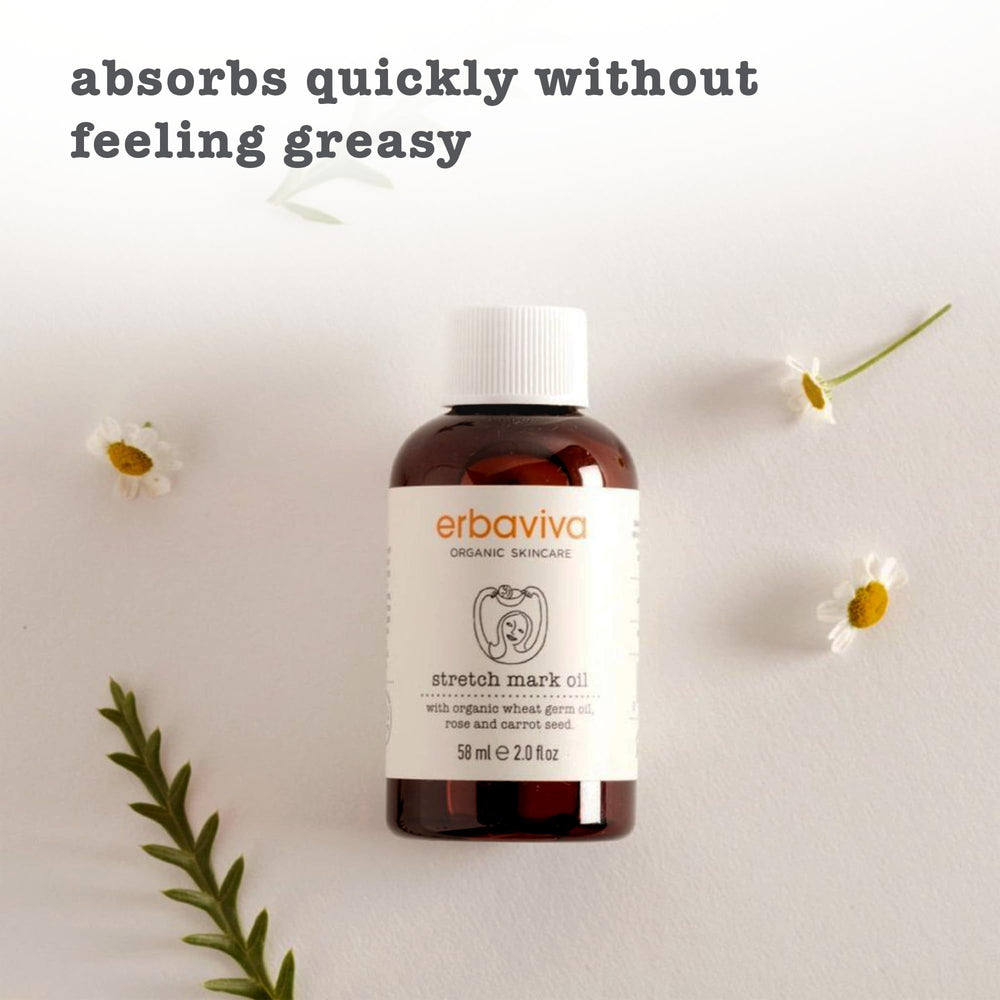 Erbaviva stretch mark oil packaging closeup highlighting organic ingredients.