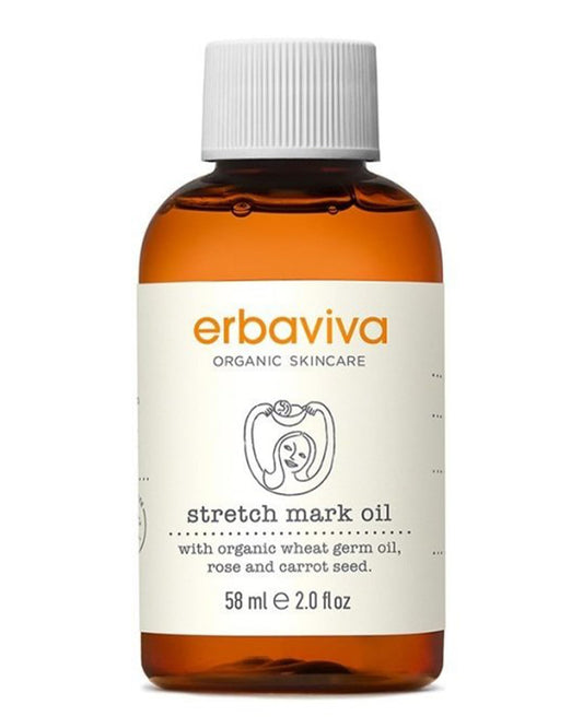 Erbaviva stretch mark oil travel-size bottle ready for on-the-go skin nourishment.