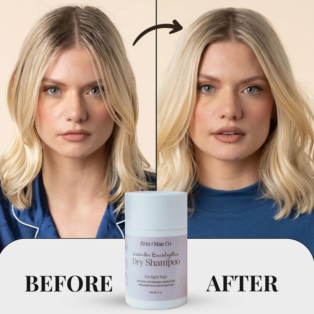 ERIN AND MAE CO. dry shampoo powder dispensing action for quick oil absorption.