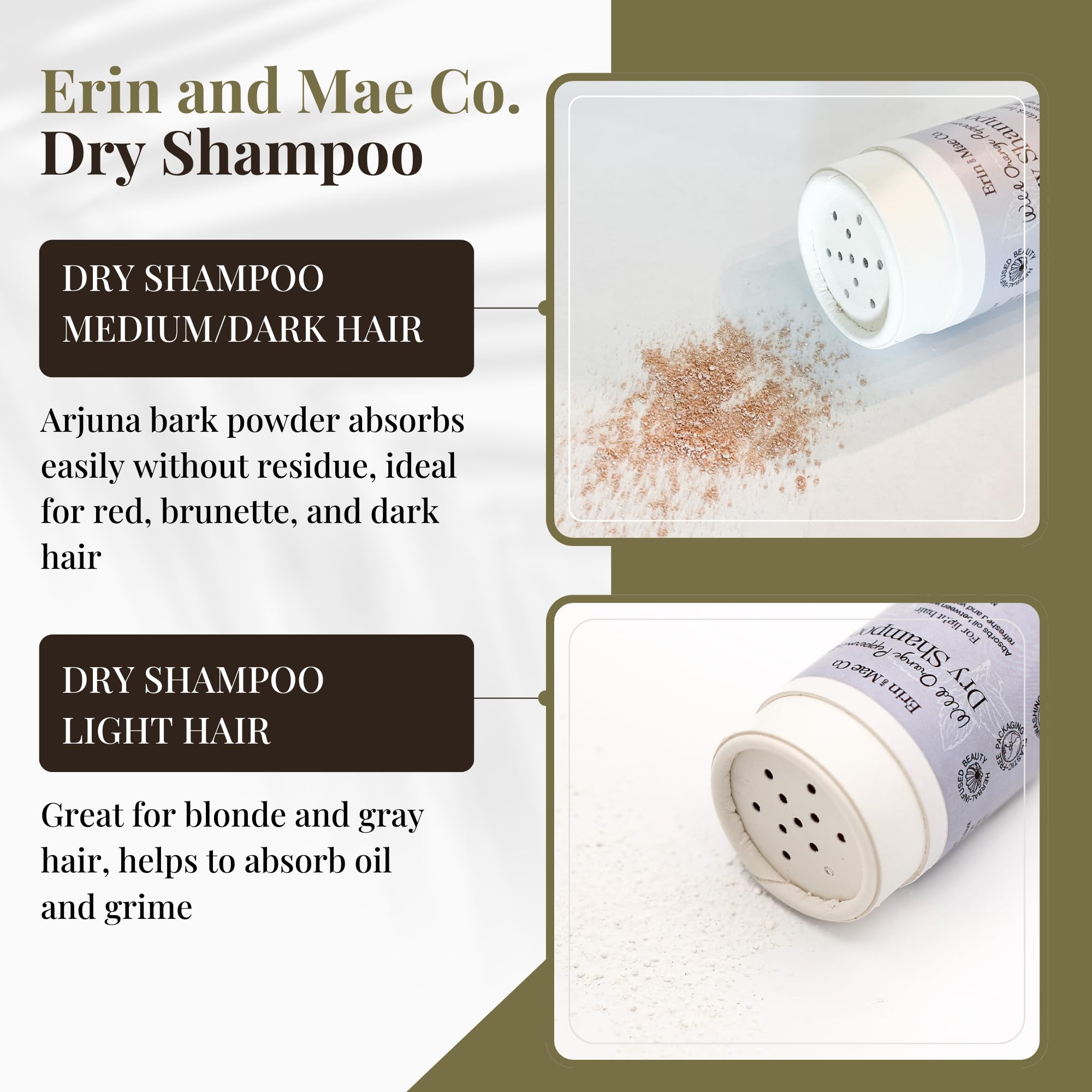 ERIN AND MAE CO. dry shampoo powder in eco-friendly tube reduces plastic waste.