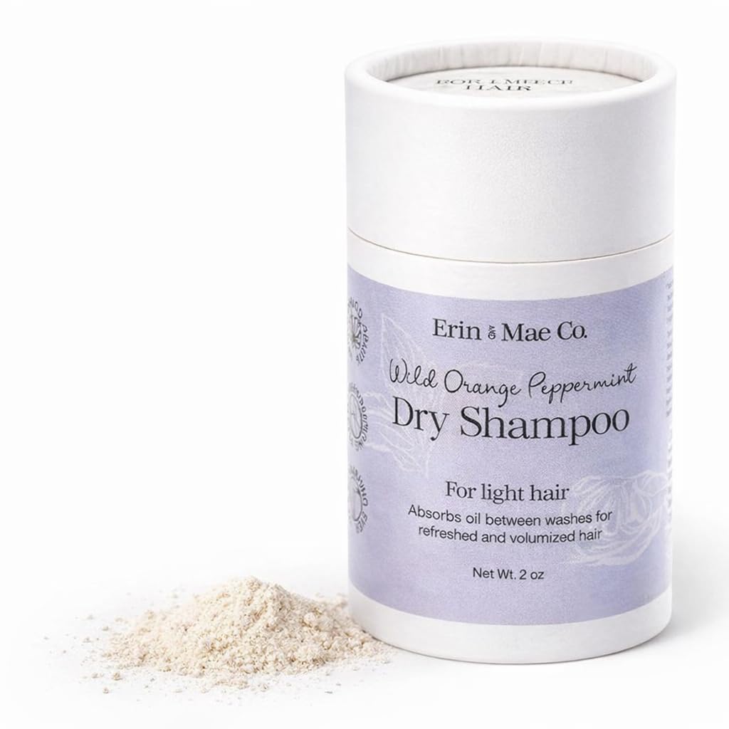 ERIN AND MAE CO. dry shampoo powder packaging in an eco-friendly tube for on-the-go refresh.