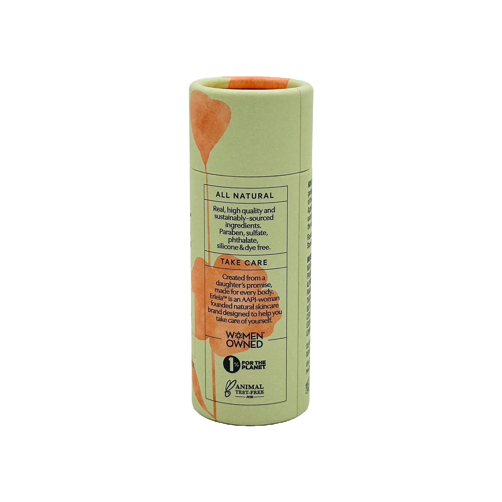 Erleia paper push-up tube promotes mess-free, travel-ready application.