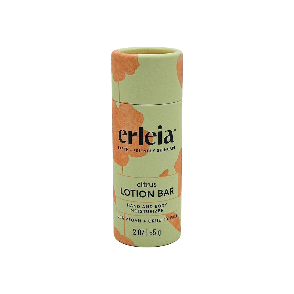 Erleia travel-friendly lotion bar with citrus scent for on-the-go hydration.