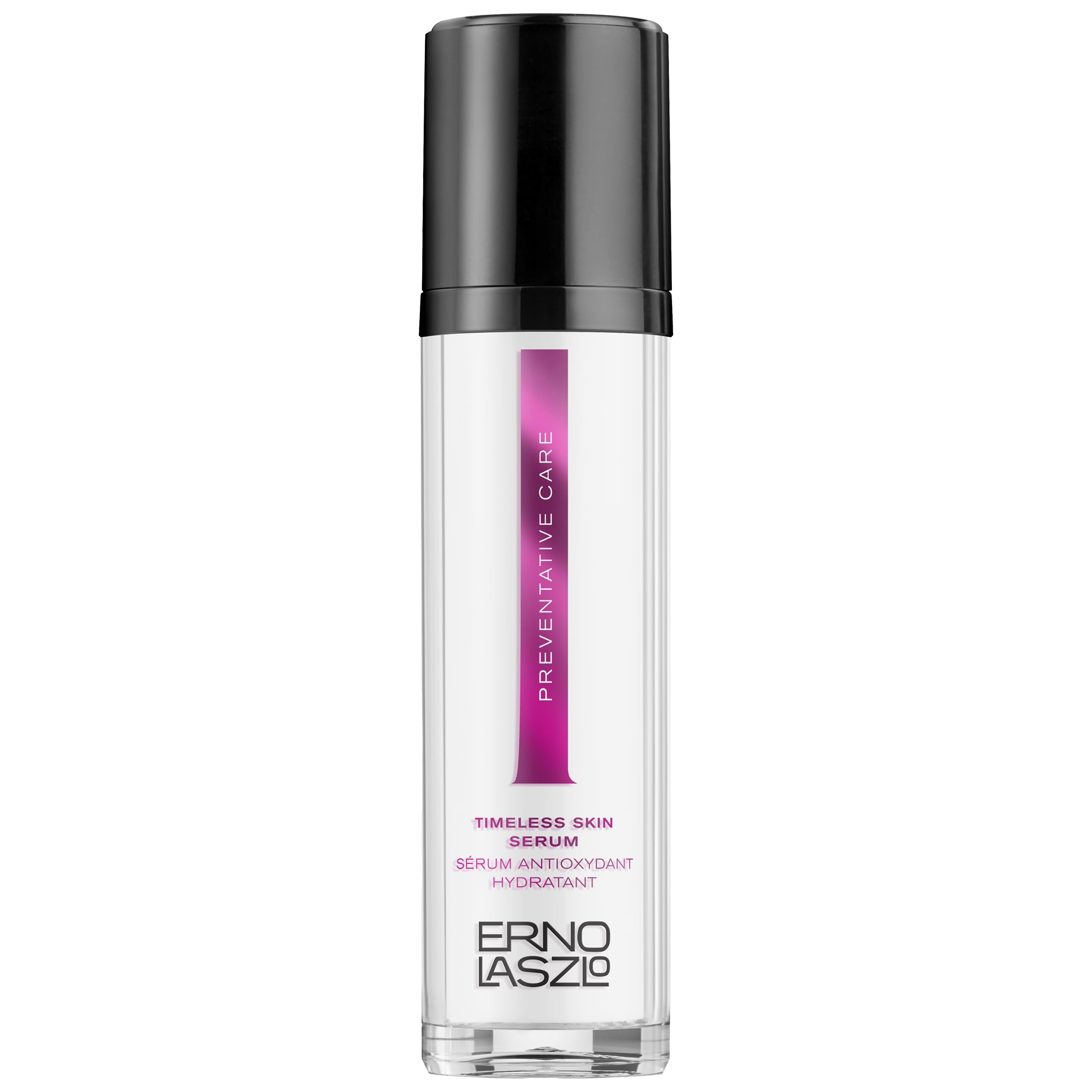Erno Laszlo Timeless Serum bottle close-up showing hydration support for mature skin.