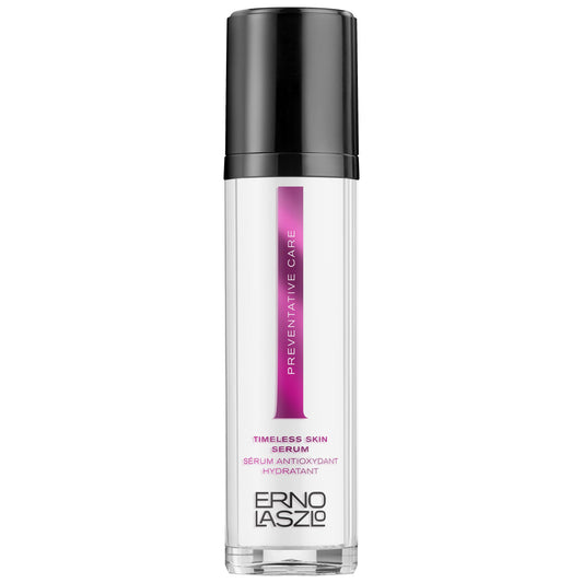 Erno Laszlo Timeless Serum bottle close-up showing hydration support for mature skin.