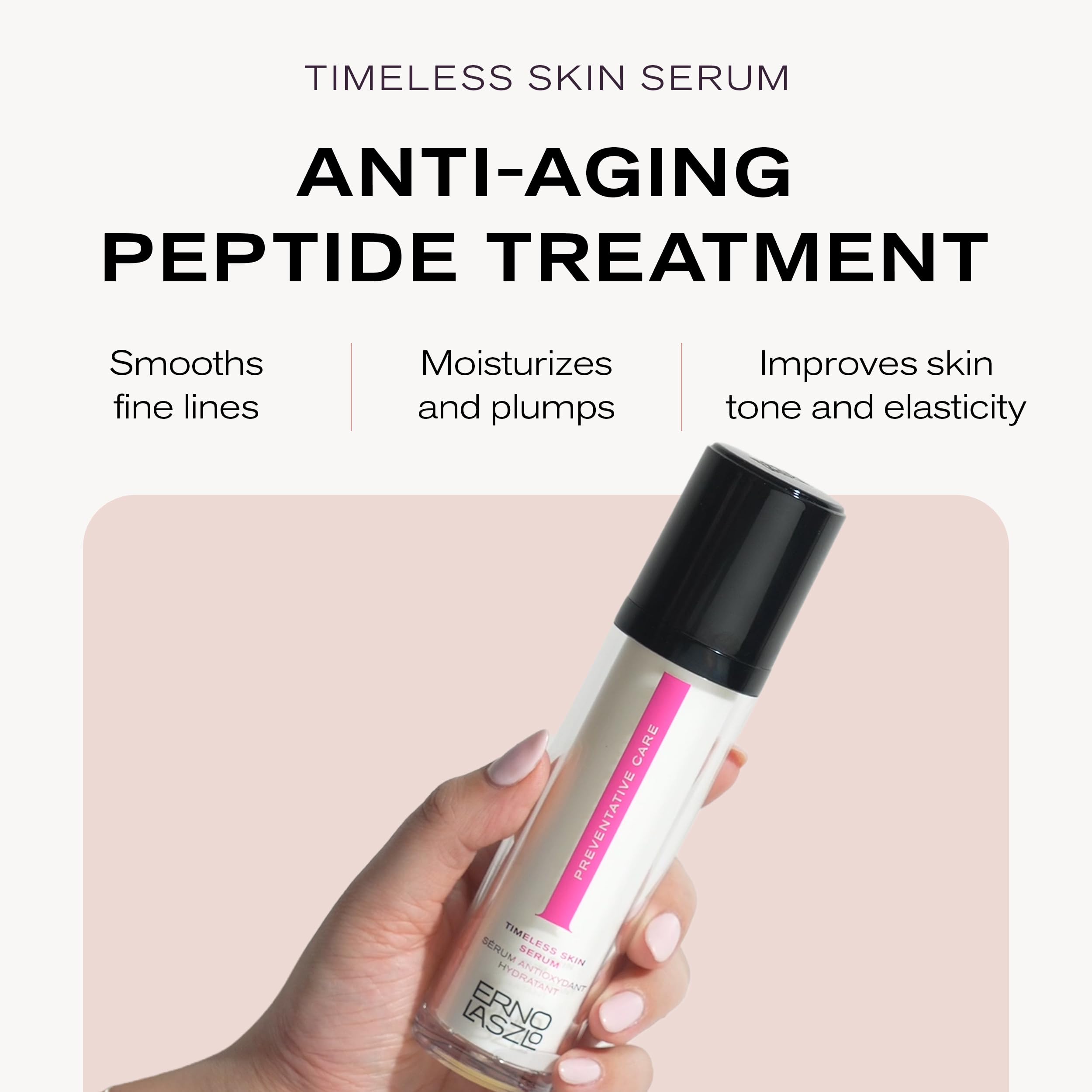 Erno Laszlo Timeless Serum pump dispense demonstrates easy daily application.