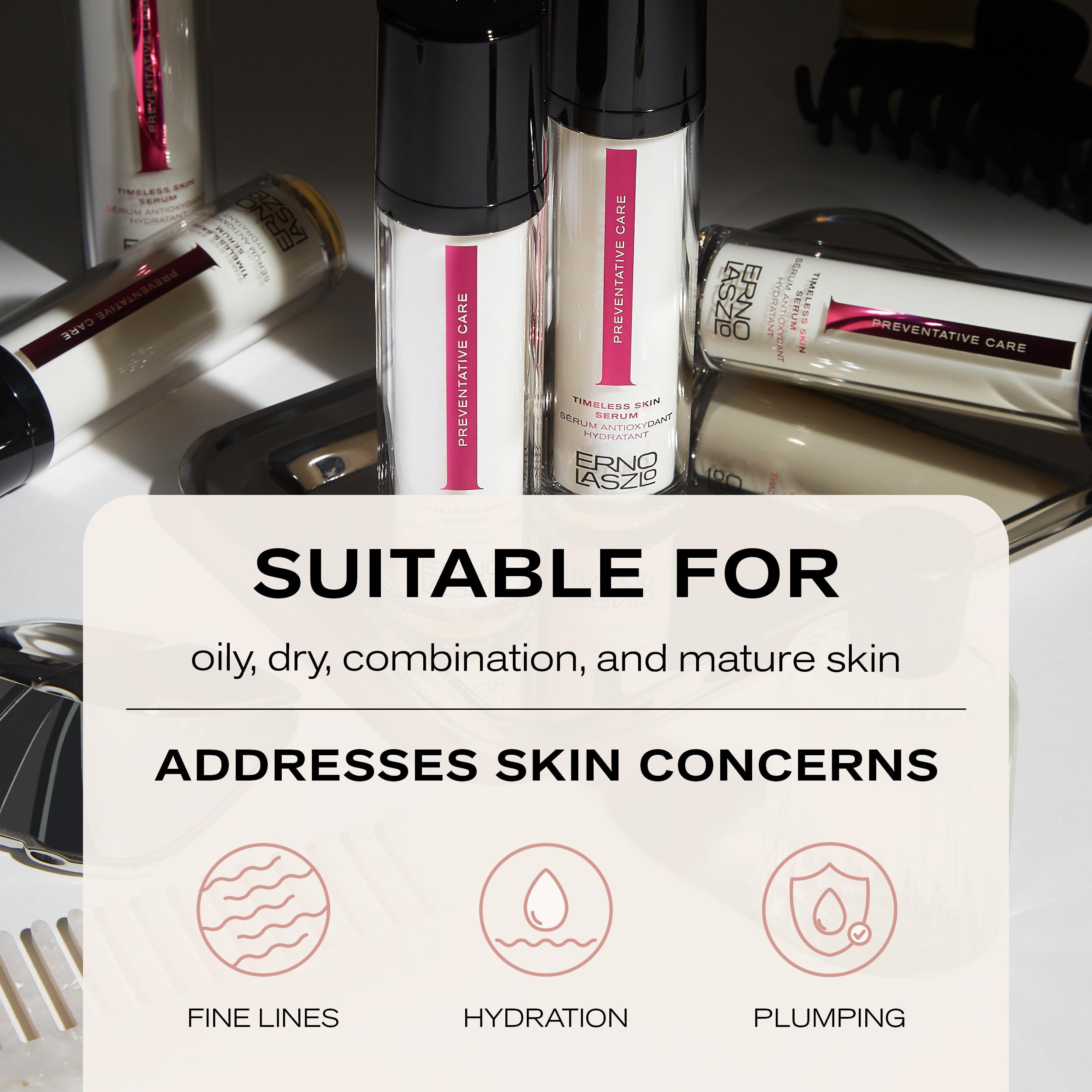Erno Laszlo Timeless Serum on vanity suggesting daily skincare ritual.