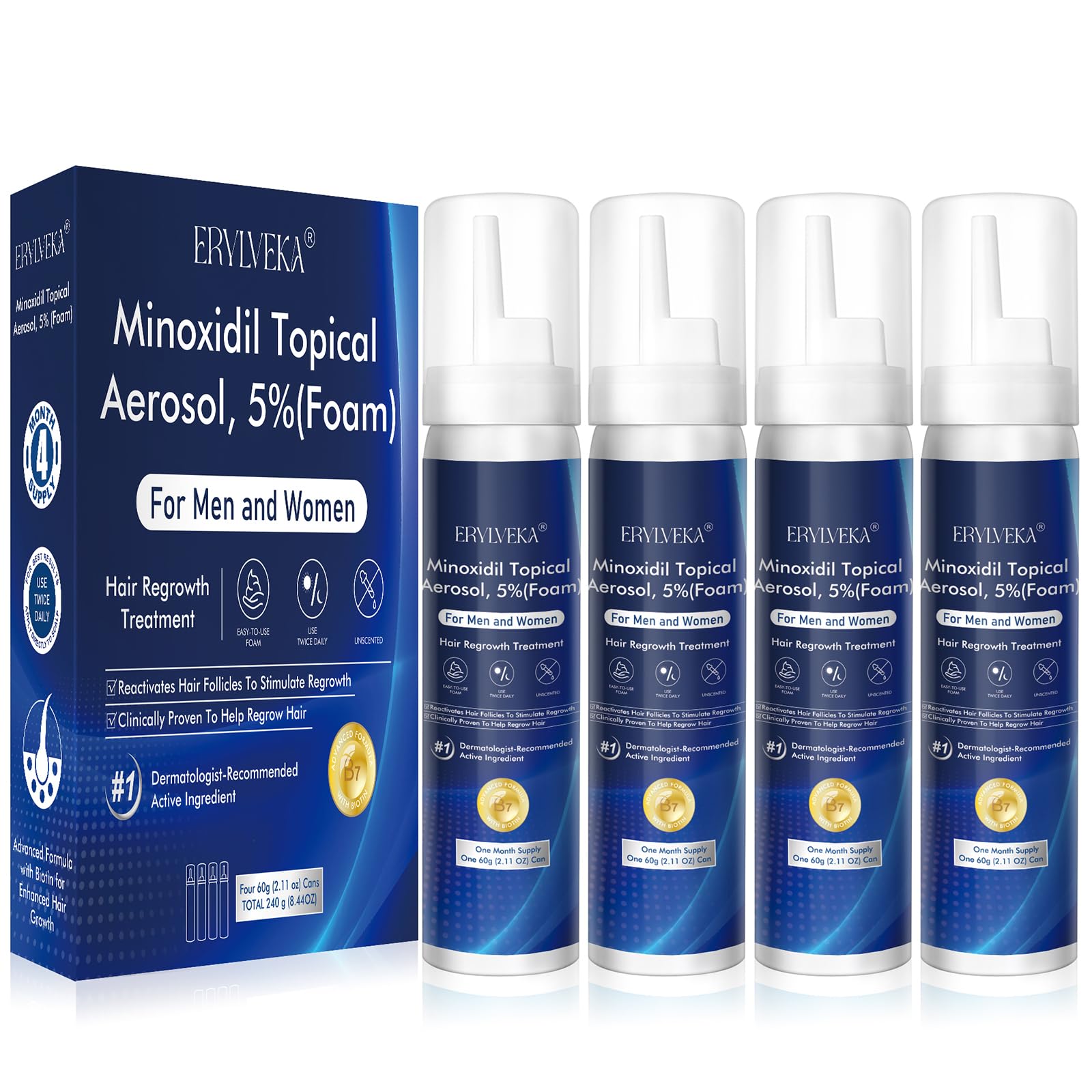 ERYLVEKA 5% minoxidil foam bottle shown for daily hair growth routine