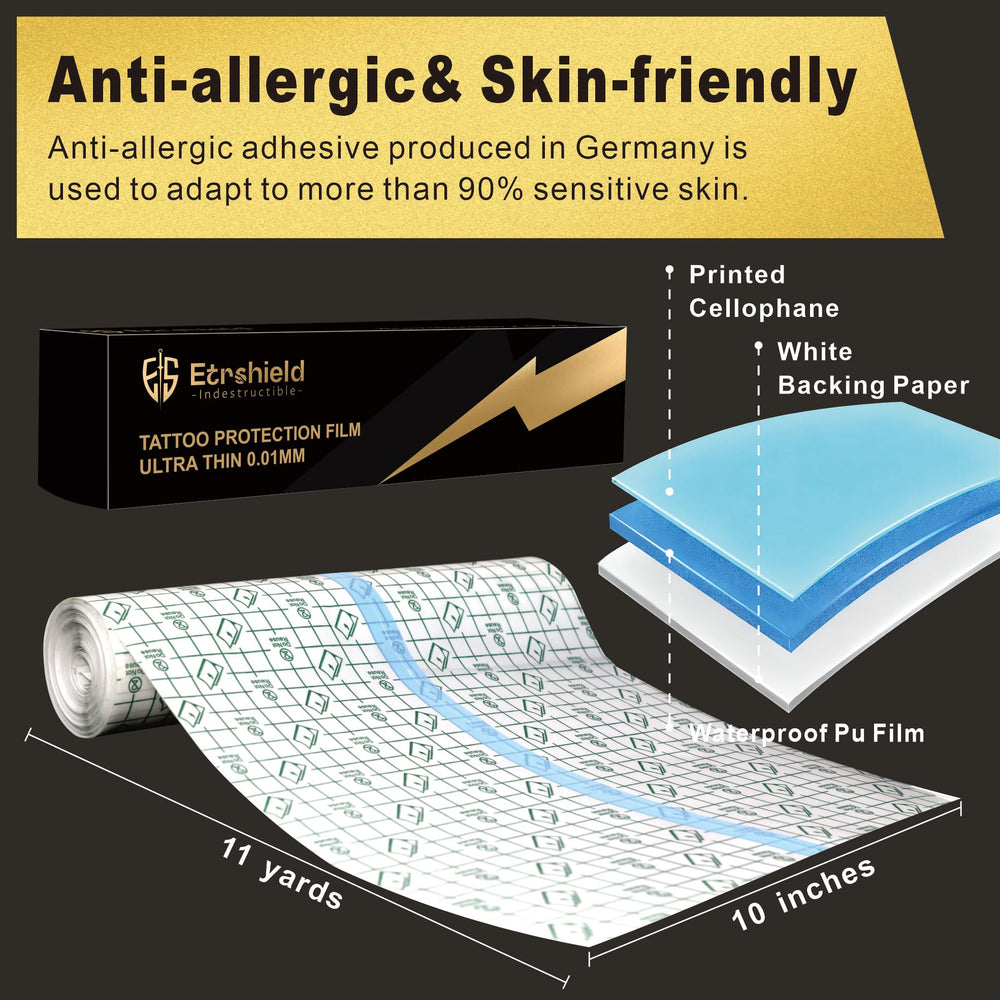 ES ETRSHIELD breathable tattoo film keeps skin comfortable while shielding ink.