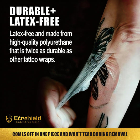 ES ETRSHIELD tattoo bandage roll forming a waterproof seal for protection.