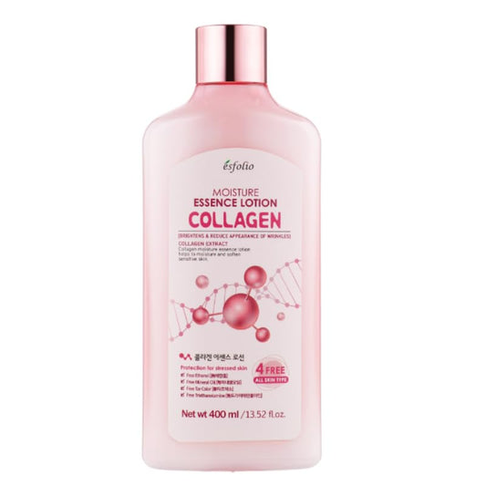 Esfolio Collagen Moisture Essence Lotion bottle pour for daily hydrating nourishment.