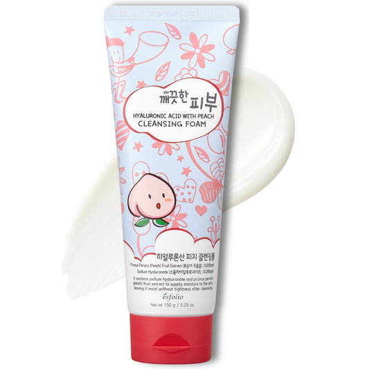 Esfolio Hyaluronic Acid Peach Cleanser bottle, hydrating daily cleanse for all skin types.