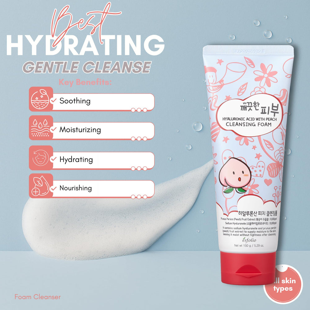 Esfolio Hyaluronic Acid Peach Cleanser foam lather, cushiony feel for comfortable cleansing.