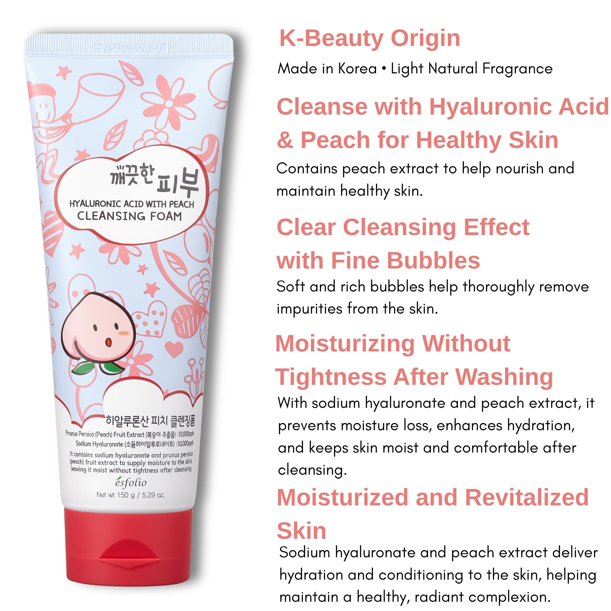 Esfolio Hyaluronic Acid Peach Cleanser foam texture on skin, smooth cleansing feel.