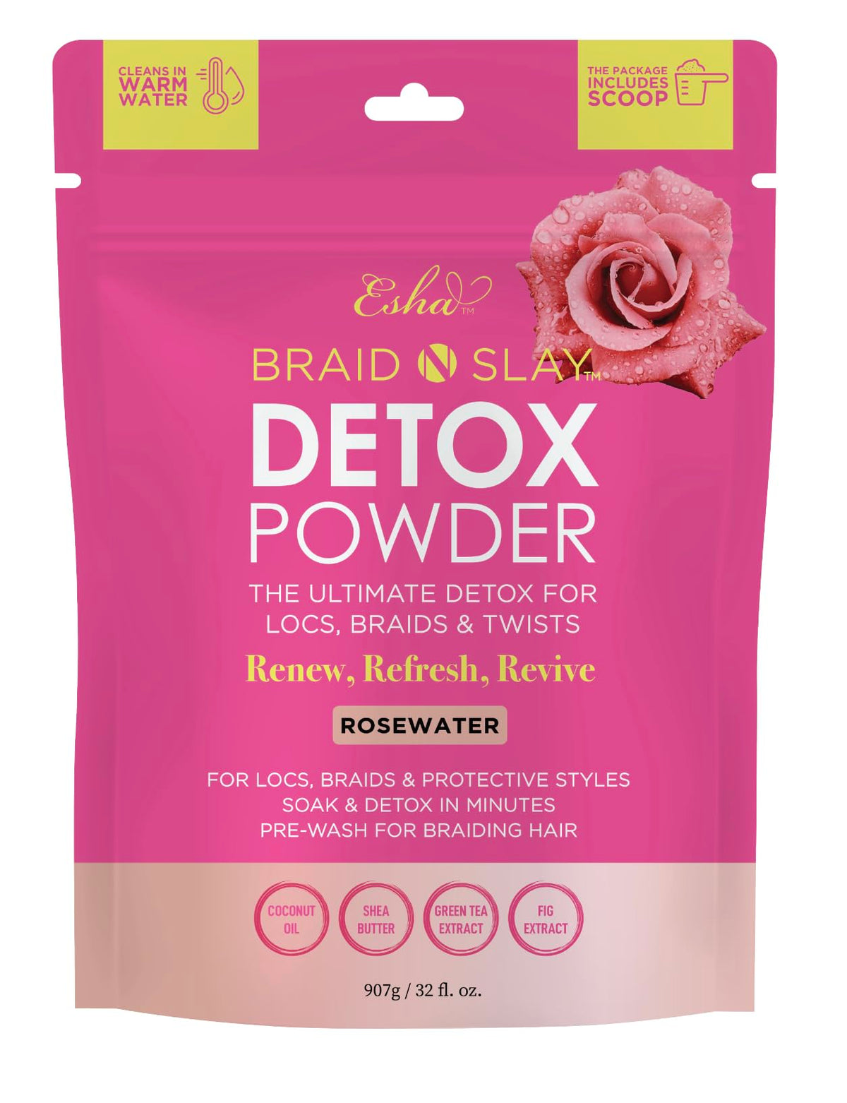 Esha Braid N Slay detox powder bottle for gentle scalp cleansing of braids