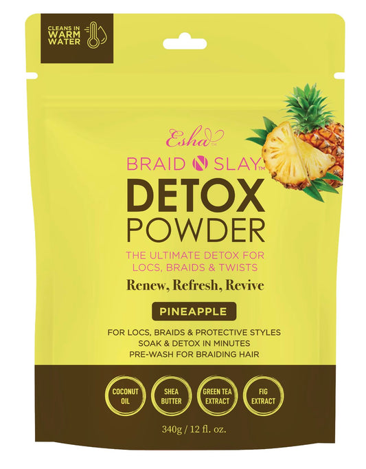 Esha Braid N Slay Detox Powder bottle illustrates pineapple scented scalp cleanser for protective styles.