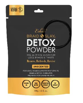 Esha Braid N Slay Detox Powder bottle shows unscented scalp cleanse for protective styles