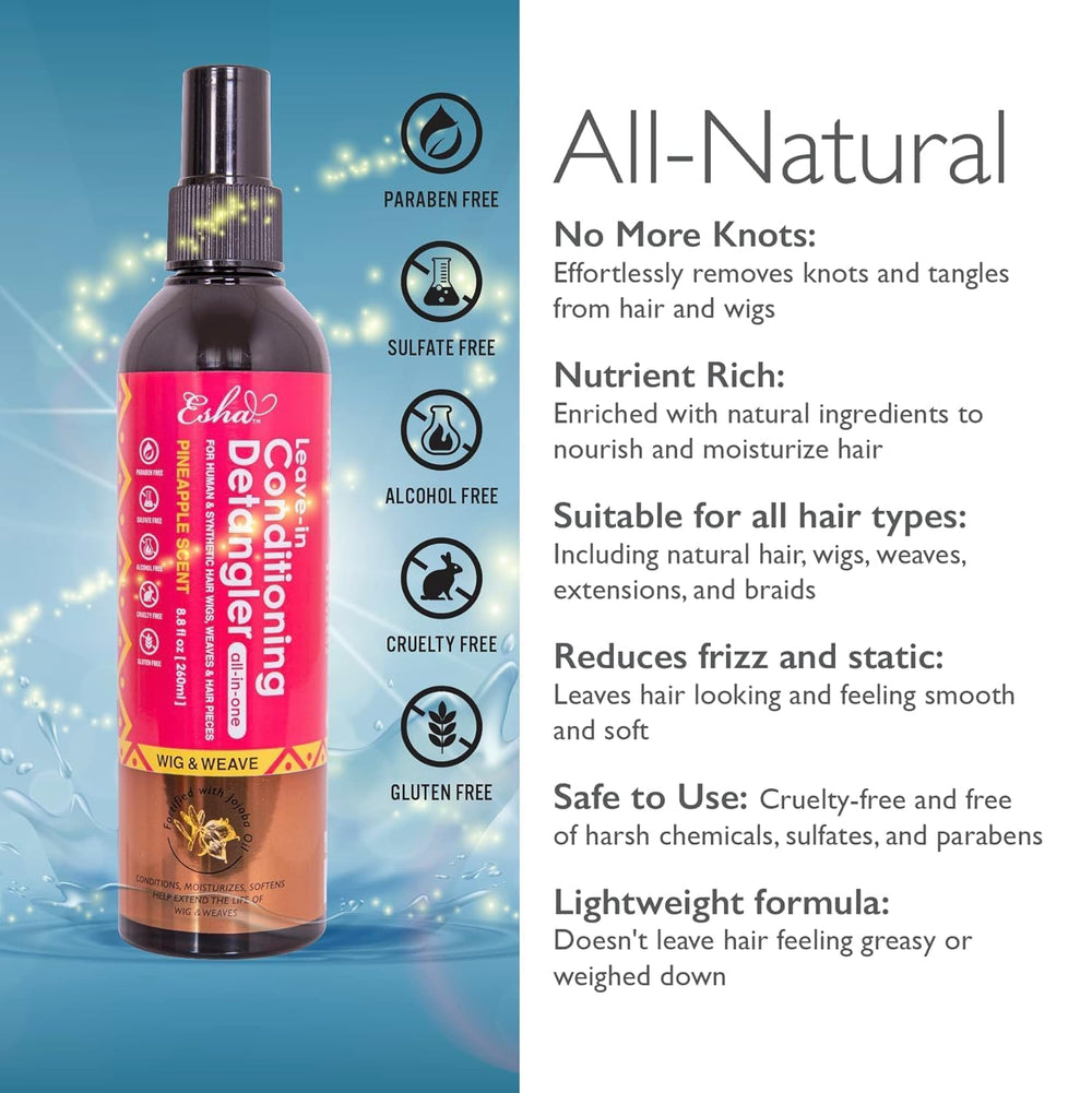 Esha detangler spray displaying quick knot release for styling